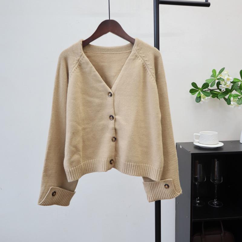 

Осень и зима новый V-образный вырез однотонный свободный повседневный универсальный вязаный кардиган простой ленивый ветер свитер куртка женская one size fits all хаки