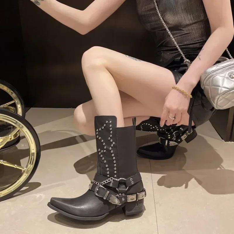 Women's Boots Leather Boots Riveted Belt Buckle Pointed Party Cosplay Fashion Shoes Size 42 Waterproof Outdoor Boots