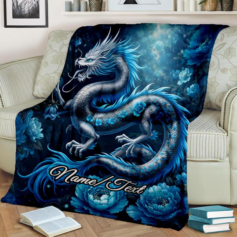 1PC Custom Name Blue Dragon Fantasy outdooor Flannel blankets Throw Blanket All-Season Throw Gift Bedspread for Couch, Bed, Camping Holiday Birthday g
