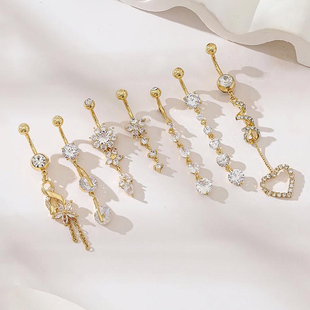 Butterfly-bow Dangled Navel Ring Piercing 14G Flower Heart Crystal CZs Belly Button Ring for Women Stainless Steel Belly Jewelry