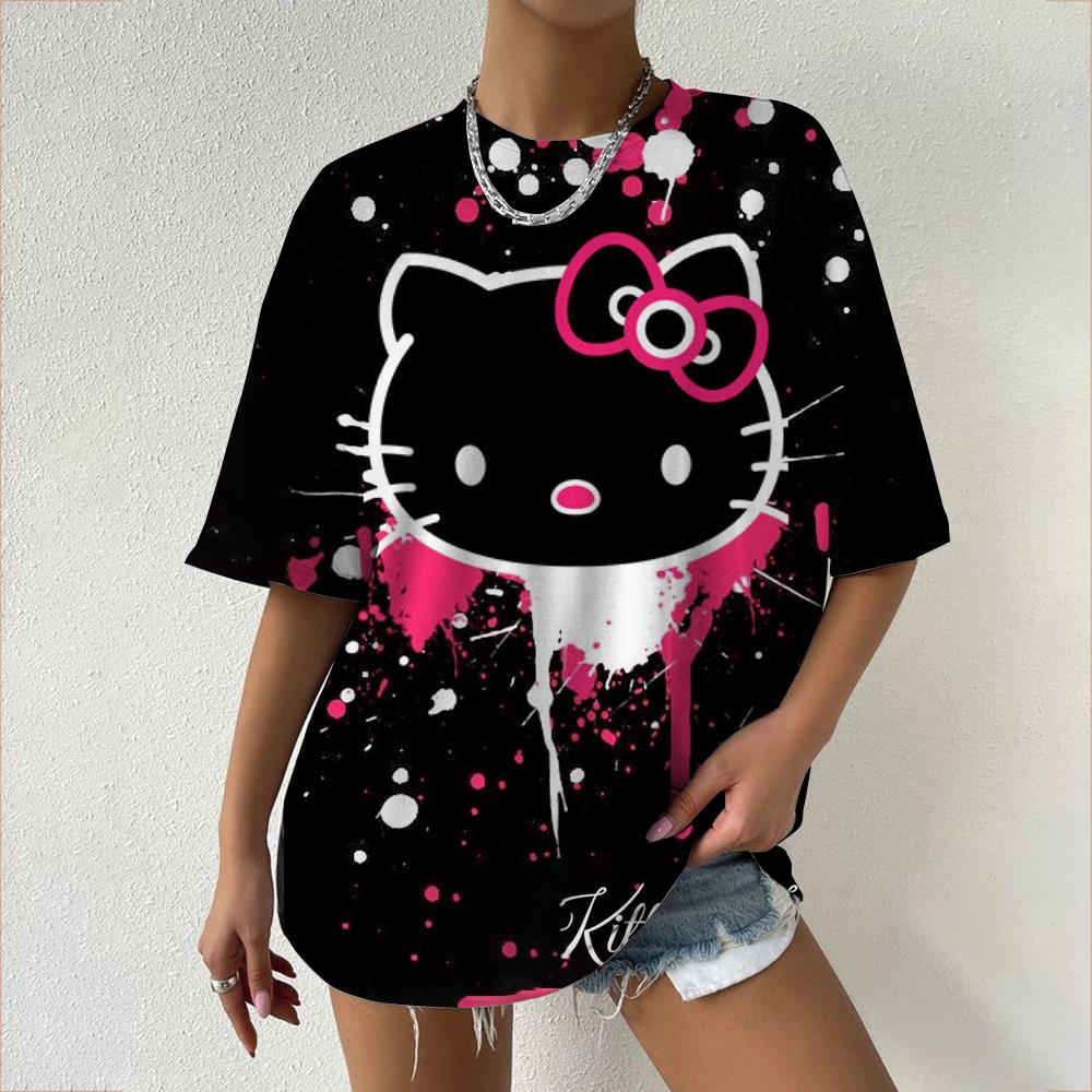 Hello Kitty Tops Aesthetic Women's T-shirts Streetwear Woman Funny Tees Short Sleeves T-shirt Clothing Fashion Girl Festival Top