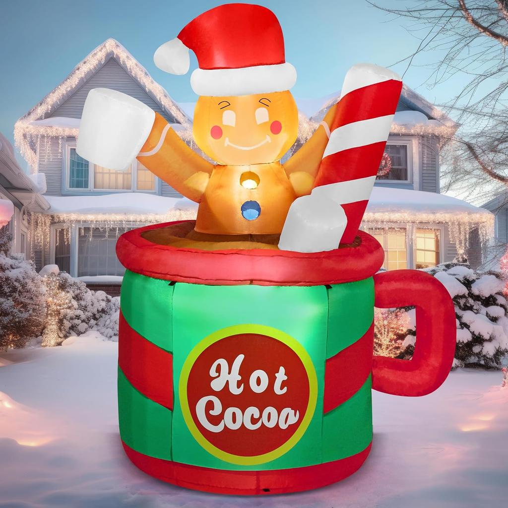6 FT High Xmas Inflatable Gingerbread Man In Hot Cocoa Mug Featuring Build-in LEDs Designed for Xmas Celebration Outdoor Garden Decor