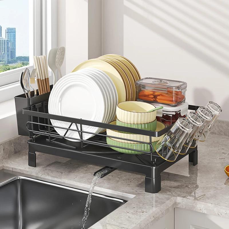 Dish drainer rack with cup holder and utensil caddy, non-slip metal drying rack, compact for 1-3 persons, removable drain tray