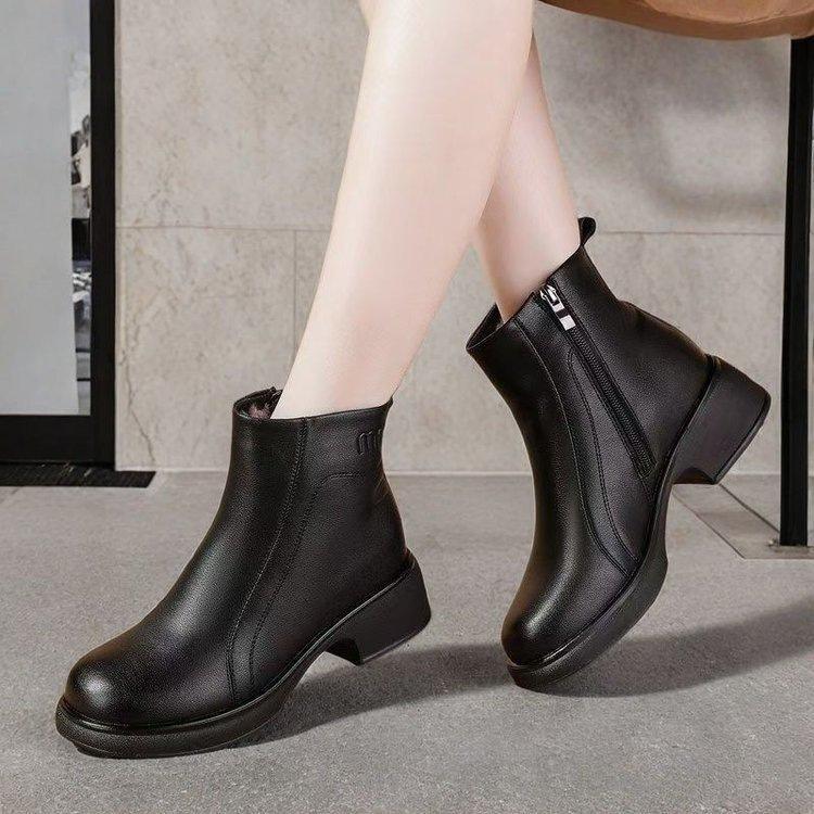 Boots Thick-soled Thick-haired Comfortable Medium-heeled Short Boots Winter Side Zipper Cotton Boots Warm Soft-soled Leather Boots