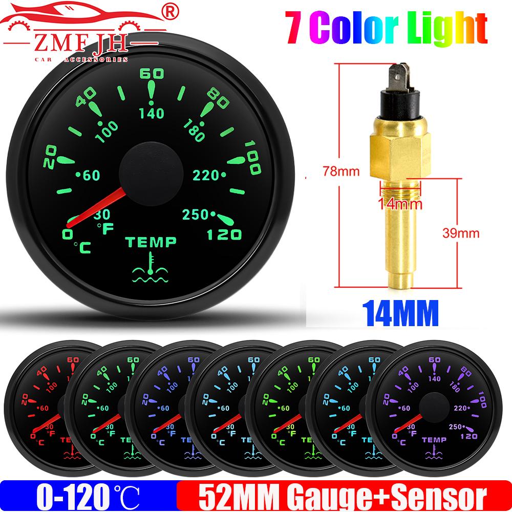 0~120℃,30~250℉ 52MM Water Temperature Gauge+Water Temp Sensor 10.2MM,12MM,16MM,17MM,21MM 7 Color Light for Boat Yacht Car 12V24V