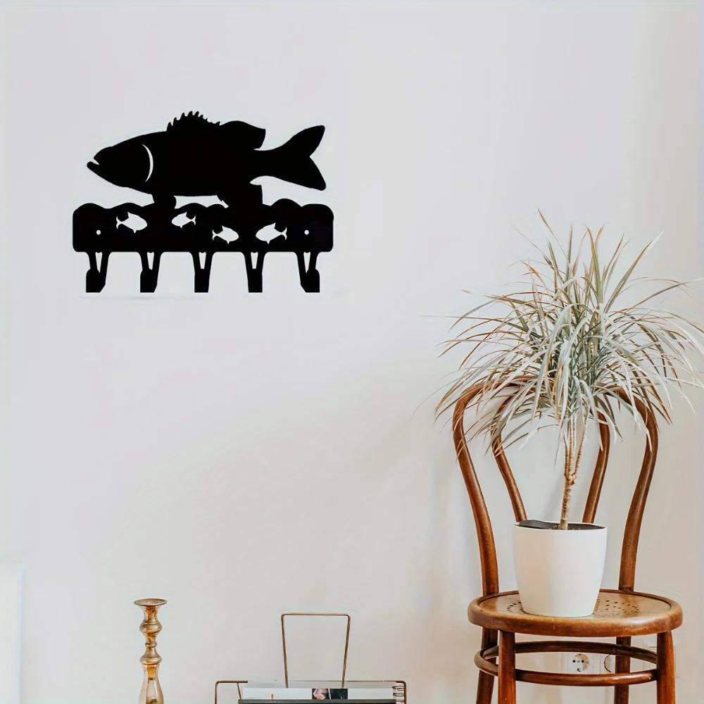 1 Stück Bassfisch Schlüsselbrett Hänger, Eisen Wandaufkleber Wandmontierter Schlüsselhalter, Garderobe, Kunstwerk für Heimdeko und Organisation