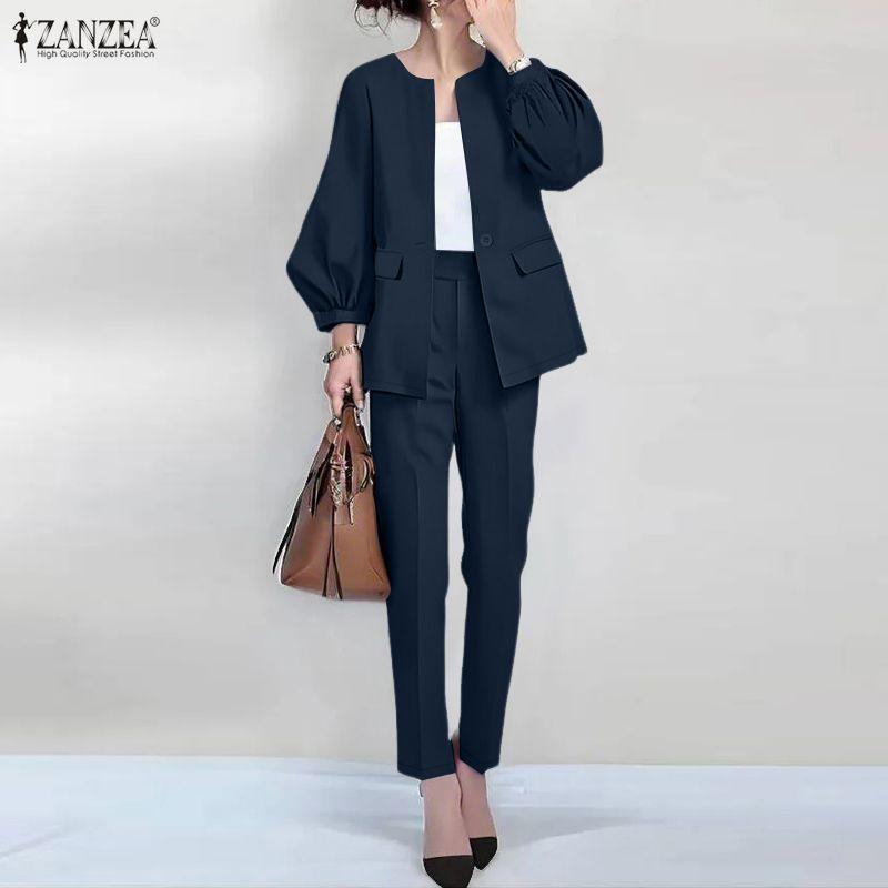 

ZANZEA Женский кардиган с длинным рукавом, блузка и брюки, повседневные костюмы-двойки 3XL тёмно-синий