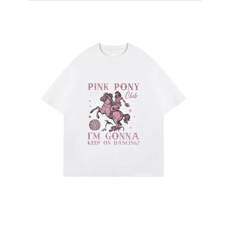 Oversize T-Shirt mit pinkem tanzendem Pony-Print – „PINK PONY Club“ Edgy-Sweet Dynamisches Slogan-Top