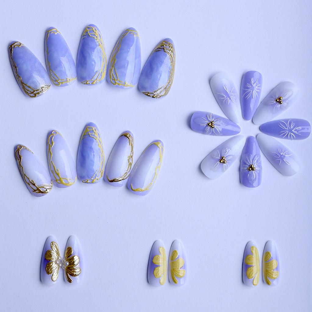24-piece Almond-shaped Lace-edged Gold-plated Purple Gradient 3D Gel High-end Wearable Fake Nails