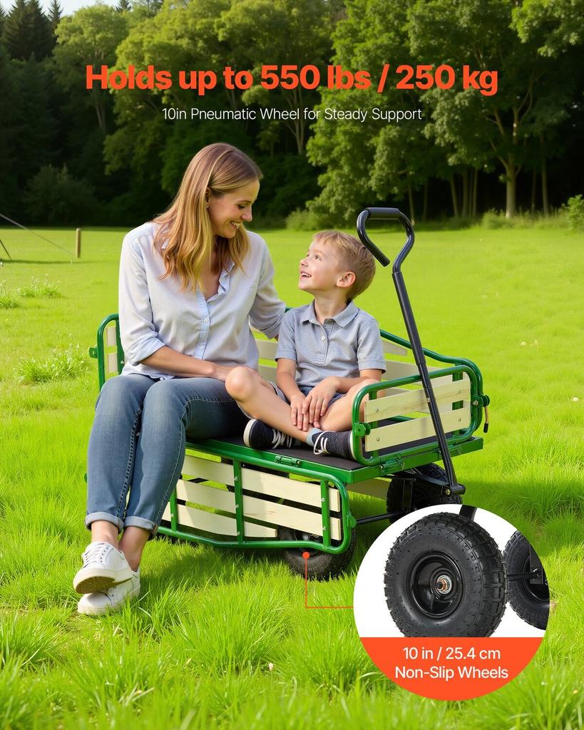 Pull-Along Wagon for Kids,101 cm Toddler Wagons with Foldable Wooden Panel & Handle, Supports up to 250kg, 25.4cm All-Terrain Tires, Utility Wagon