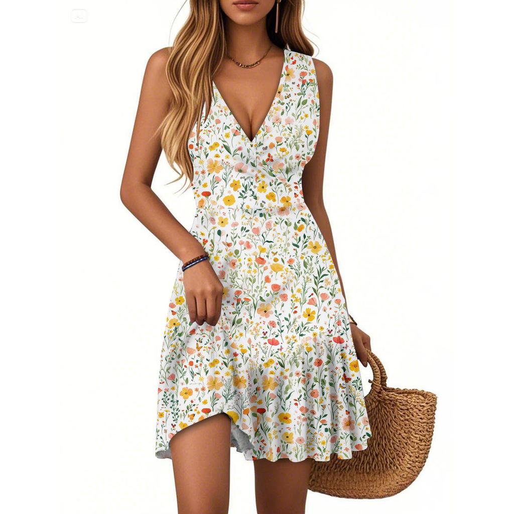 Women's Summer Dress V Neck Sleeveless Casual Floral Print Hem Pleated Dress