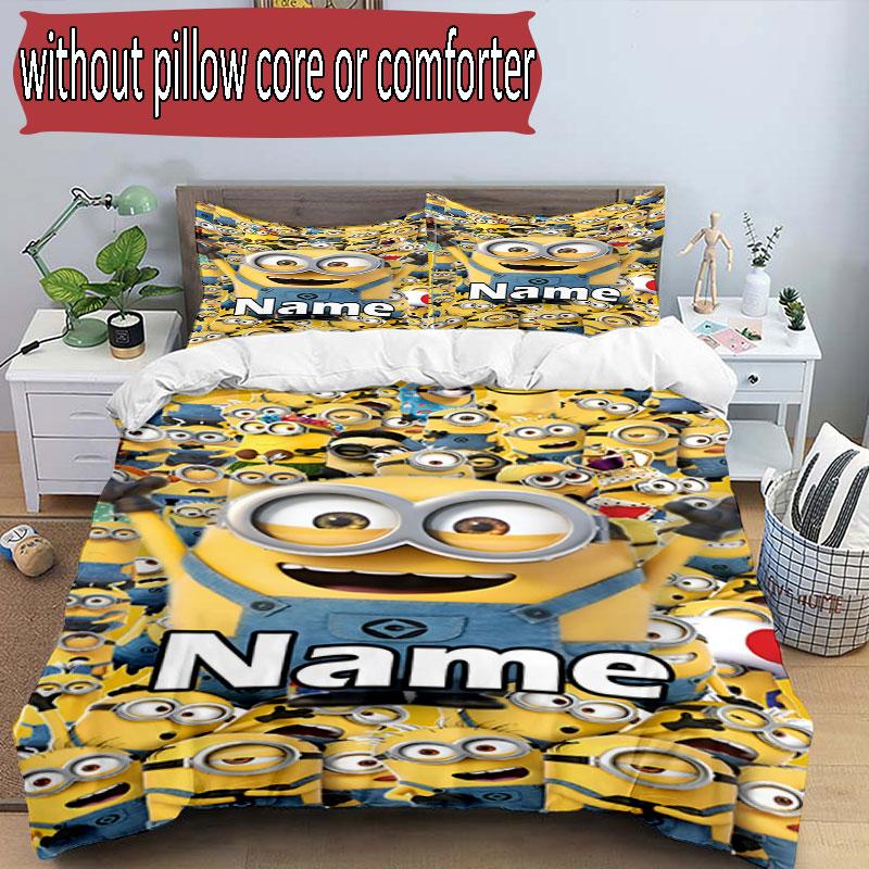 3pcs Duvet Cover Set (1*Duvet Cover + 2*Pillowcase, Without Core), Custom Name Minions Pattern Bedding Set, Home Bedroom Decor Gift