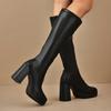 Fashion Platform Plus Size 42 Knee-High Boots Black Thick High Heels Square Toe Slip-On Black Sexy Thigh High Heels Womens Shoes