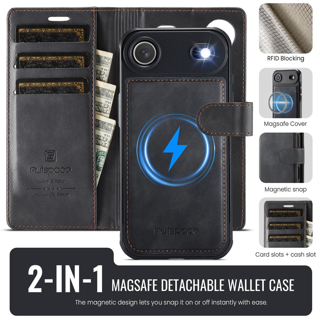 2-in-1 Magnetic Magnetic Detachable Wallet Case for iPhone 17/17 Pro/17 Max/17 Air - PU Leather, Card Slots, MagSafe Charging, 360° Protection