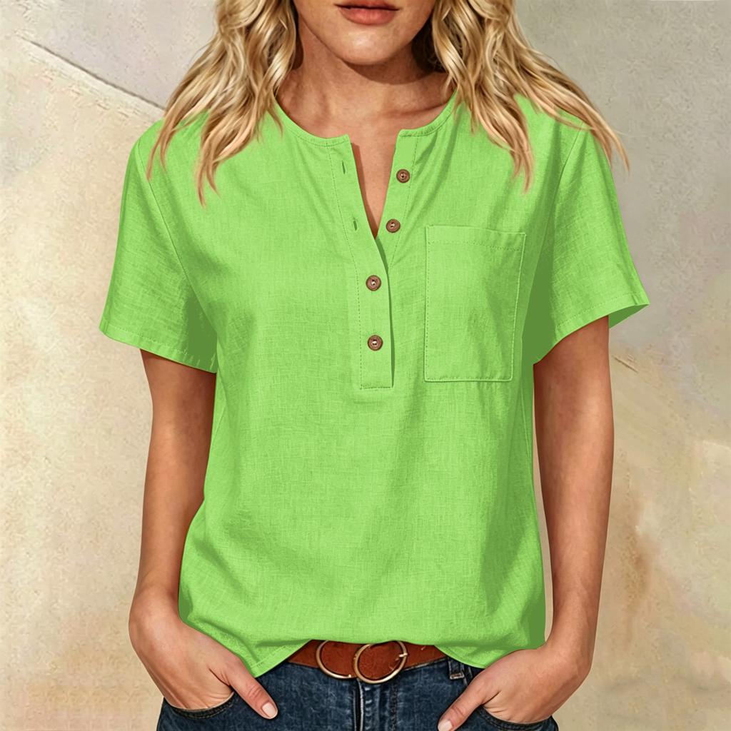 Women Henley Button Neck Short Sleeve Cotton Linen Shirt with Chest Pocket Loose Fit Casual Top for Daily Office Wear