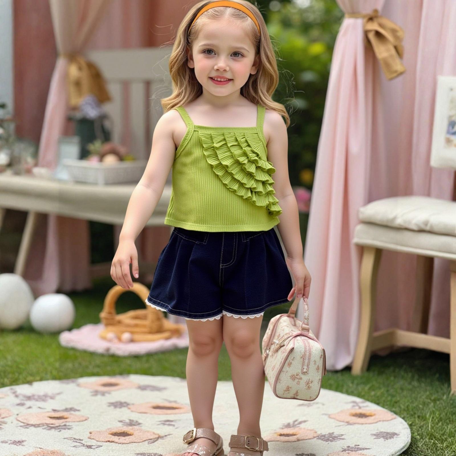 

Стильный комплект из 2 предметов для маленьких девочек: вязаный жилет с цветочным кружевом и джинсовые шорты 130 зелёный