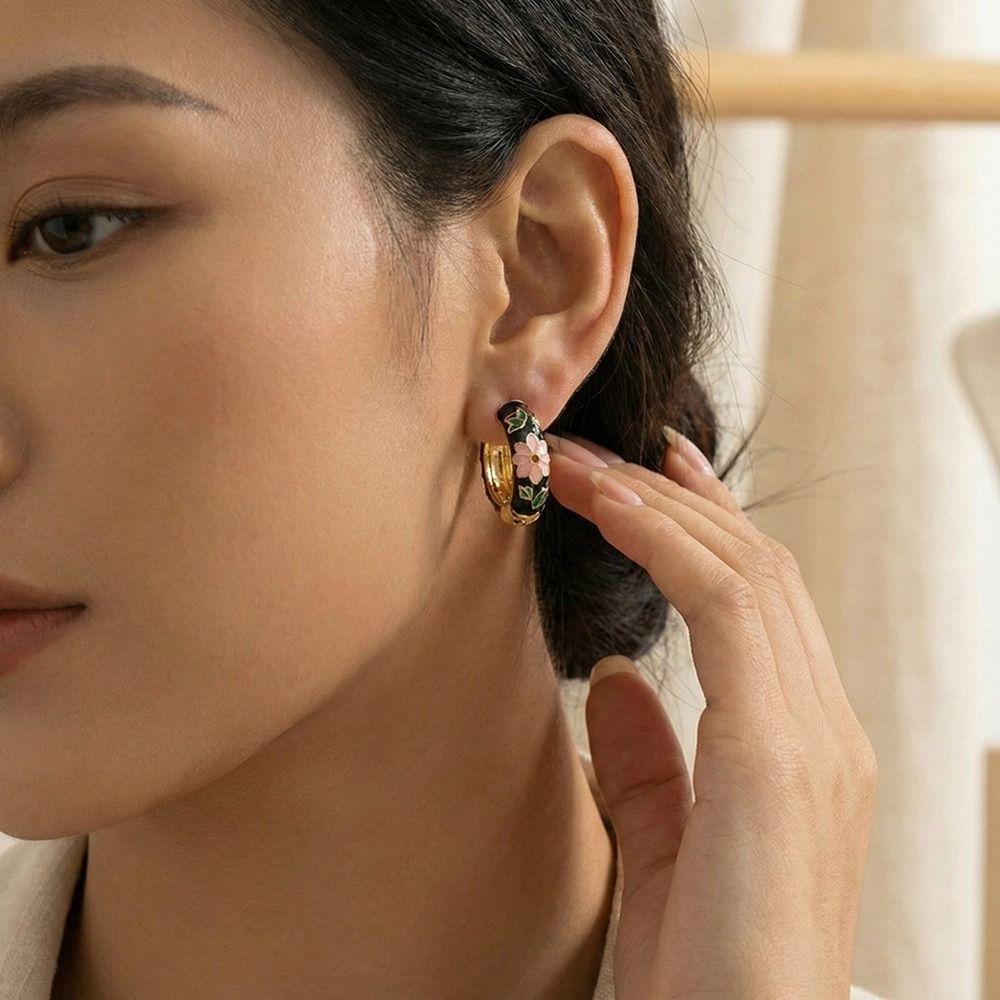 Traditional Flower Enamel Earrings Classic Dripping Oil Earrings Chinese Style Earrings  Jewelry