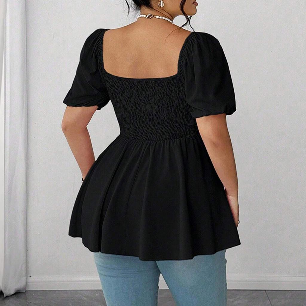 Plus Size Women's Smocked Waist Peplum Top Square Neck Puff Sleeve Casual Blouse Lightweight Comfortable Soft Fabric