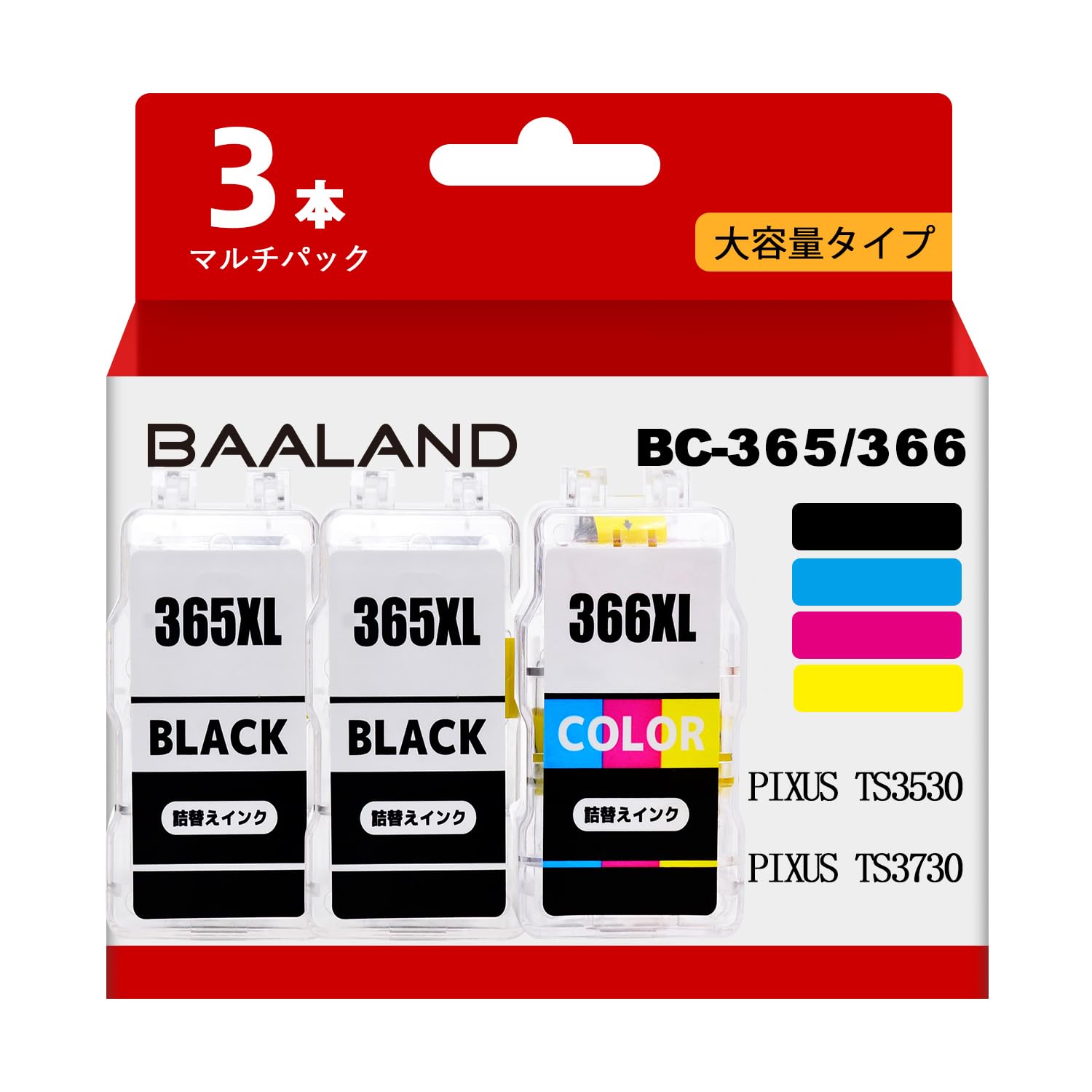 

BAALAND Canon and Refill Ink Compatible with PIXUS TS3530 and TS3730 BC-365XL (Pigment Black) BC-366XL (Dye Color) Cartridges, 3-Pack, High-Yield,