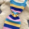 Summer Women Casual Spaghetti Strap Striped Knitted Sheath Sweater Dresses