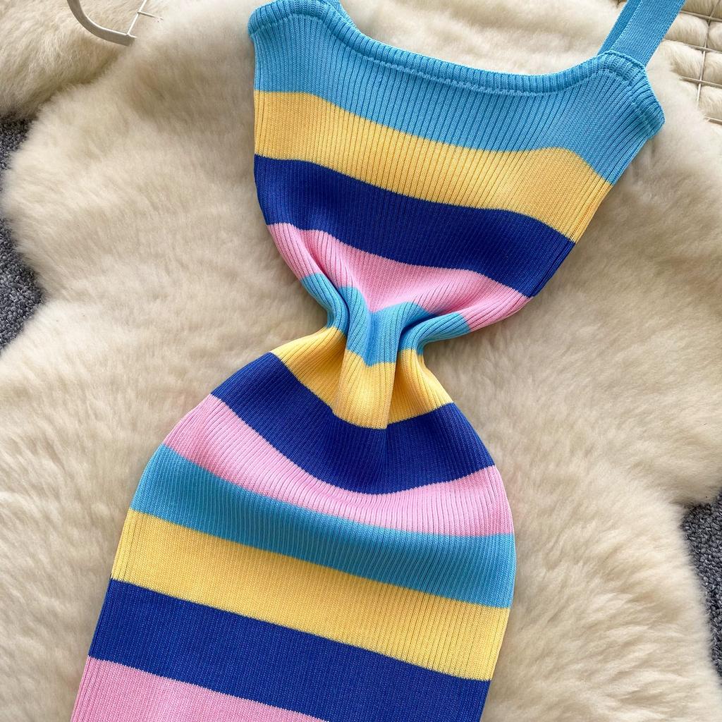 Summer Women Casual Spaghetti Strap Striped Knitted Sheath Sweater Dresses