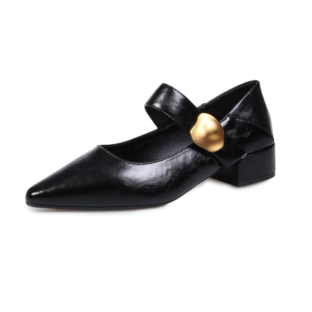 Women's Coarse Heel Shoes Autumn New Pointed Head Shallow Mouth Metal Buckle Anti-slip Wear-resistant Low-top Shoes