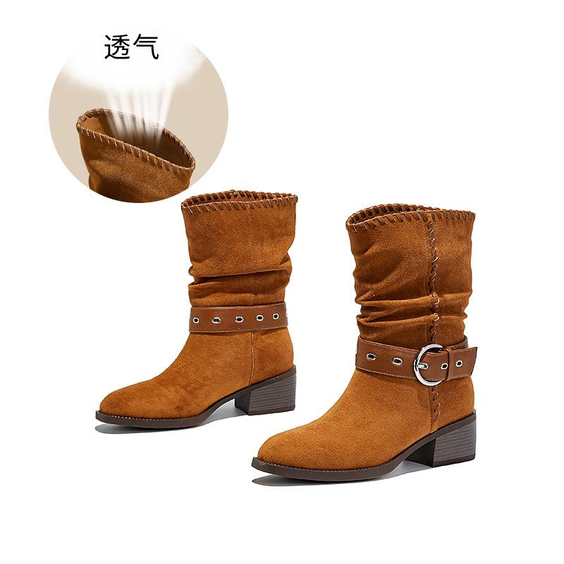 New retro stacking boots women's 2025 autumn and winter new thick heel western cowboy boots versatile boots women's casual women's shoes