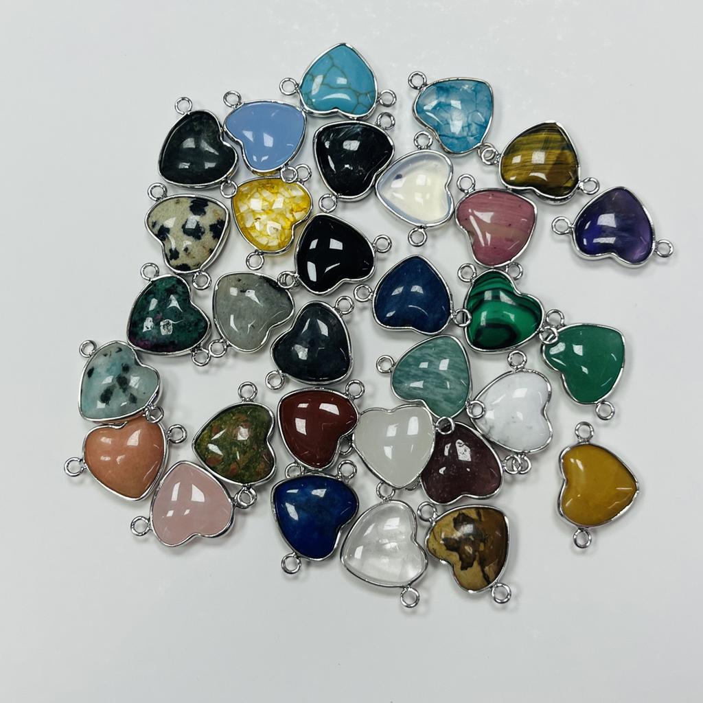 5Pcs/Pack, Healing Crystal Pendant Connectors, Heart-Shaped Natural Stone Quartz Amethyst Malachite Lapis Lazuli Gems Connector for Jewelry Making DIY