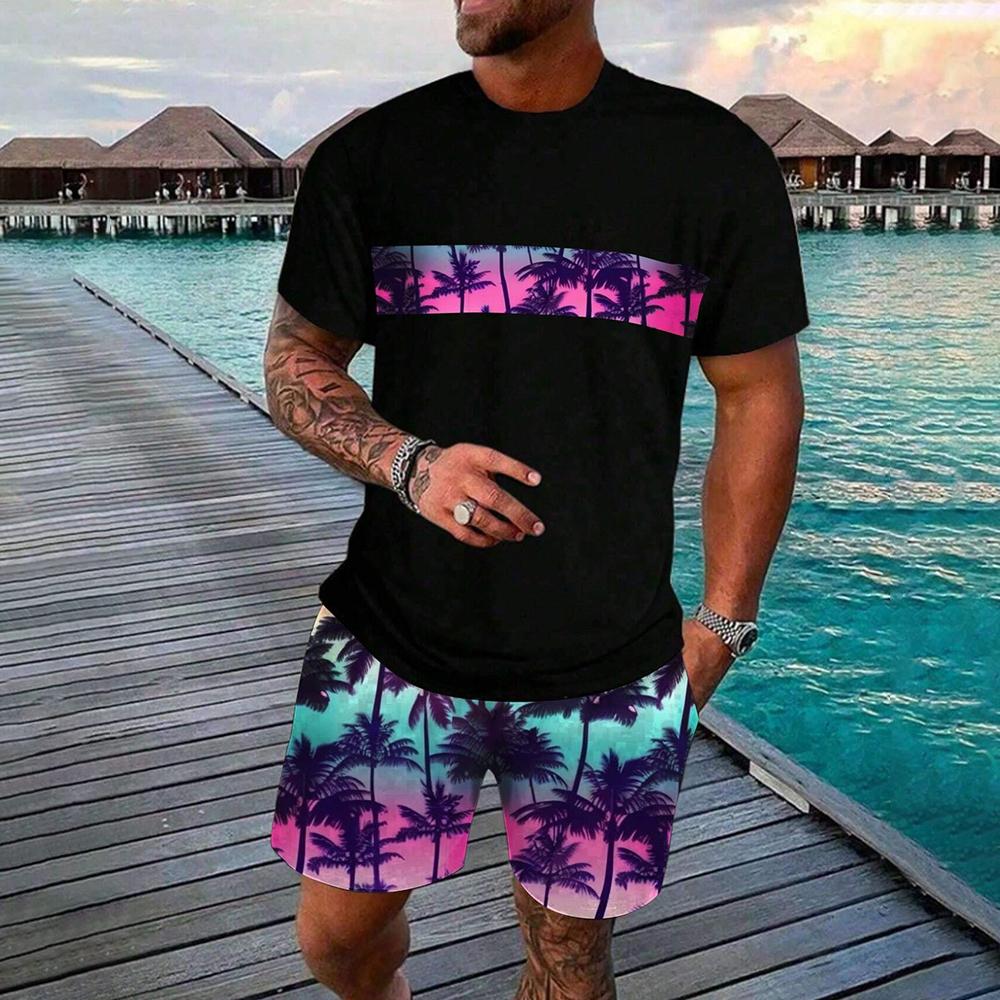 Pánské ležérní trička, šortky, nová, 2dílná sada sportovního oblečení, plážové topy s 3D potiskem, módní streetwear v havajském stylu