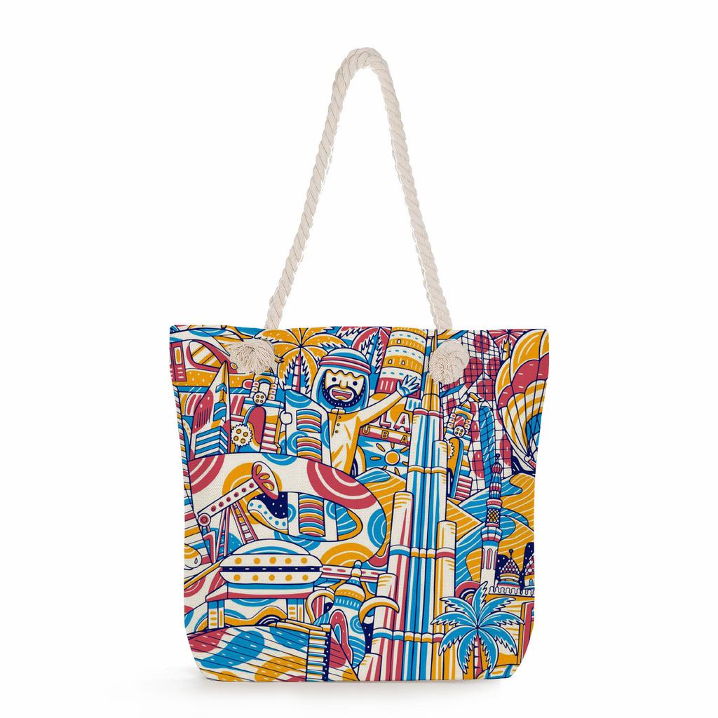 Multifunctional Dubai Architecture Printed Thick Rope Shoulder Beach Bag Casual large capacity handbag 7613