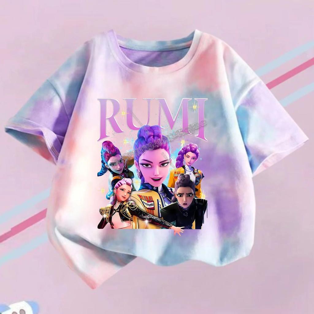 KPop Demon Hunters T-shirt Children Purple Tie-dye Top Girls O Collar Clothing Short Sleeve Tee Kids Summer/Autumn Clothes Gift