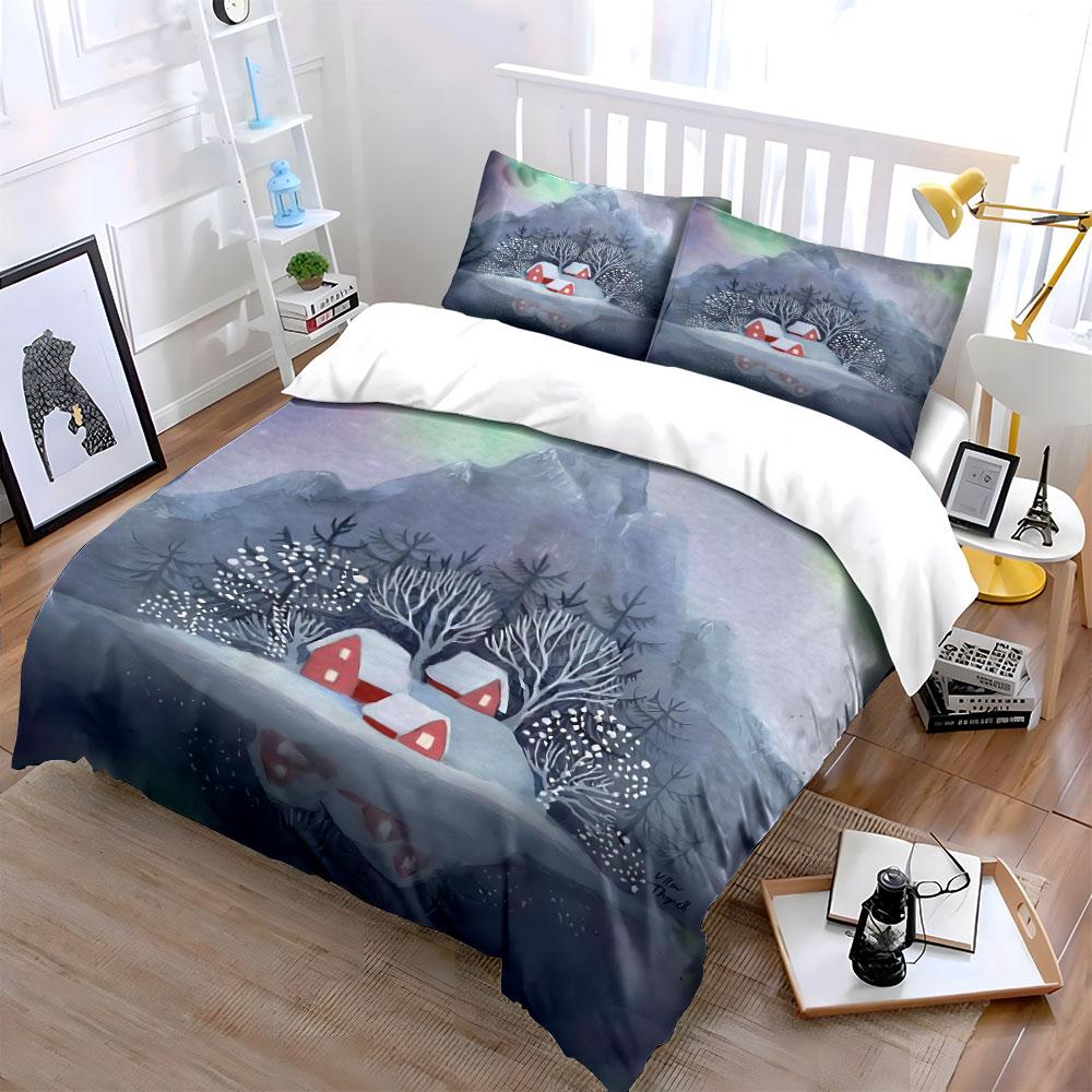 Winter Mountain Red Cabins Set Bedding Duvet Cover Set Duvet Cover Pillowcases (1 * Duvet Cover 2 * Pillowcases, without duvet insert)