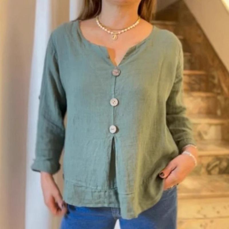Letnia Luźna Koszula Kobiety Moda Dekolt w Serek Bawełna i Len Zapinana na Guziki Top Casual Wakacje Biuro Białe Koszule Odzież Damska