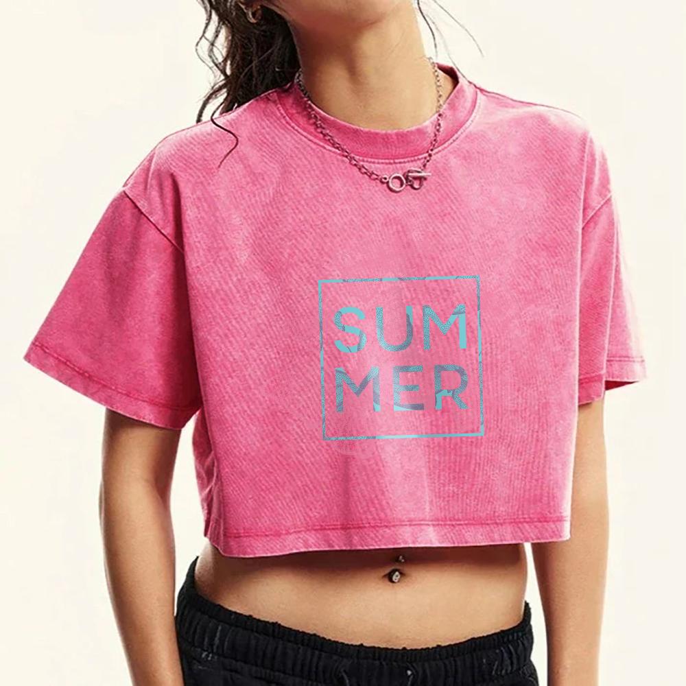 Summer Pink Butterfly Print Washed Crop T-Shirt Women Summer Fashion T Shirts Cotton Short Sleeve T Shirt