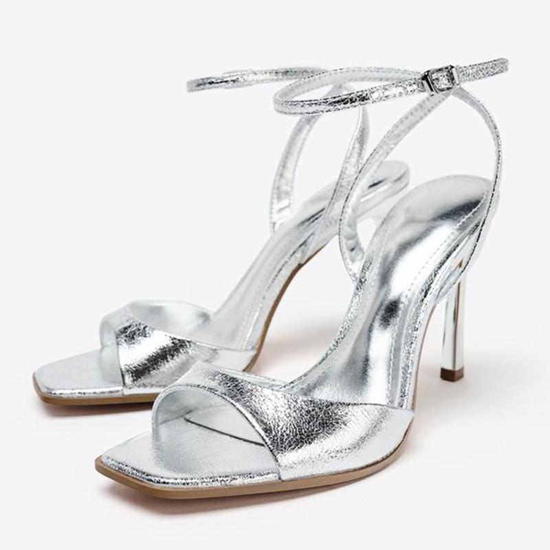 

Fashion Silver Patent Leather Ankle Buckle Heeled Sandals Women Elegant Square Toe Open Toe High Heels Summer Sexy Party Dress Shoes 42