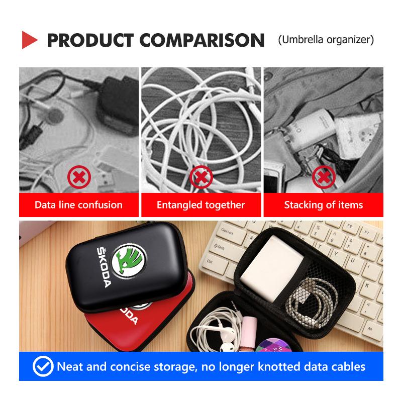 AAABR1 For Skoda Portable Mini Car Earphone Data Cable Charger Storage Bag Accessories Kodiaq Fabia Kamiq Karoq Octavia 2 3 Rapid Scala