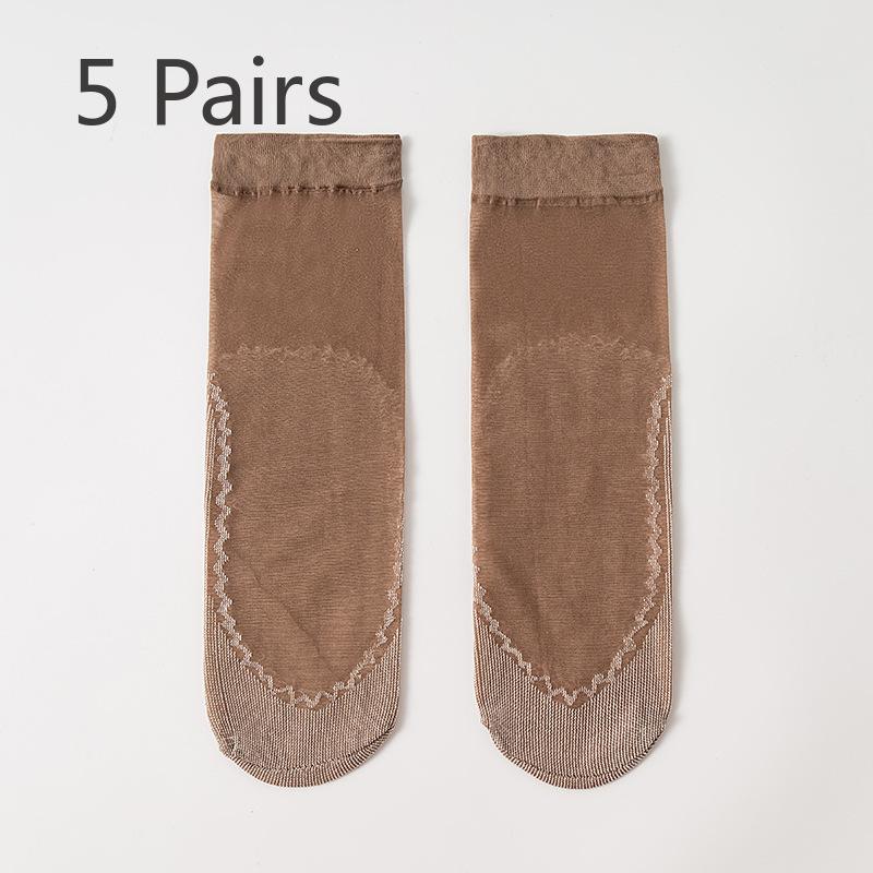5 Pairs of Cotton-bottom Moisture-absorbing Silk Stockings - Summer Lightweight, Breathable Women's Solid-color Anti-slip Crystal Stockings