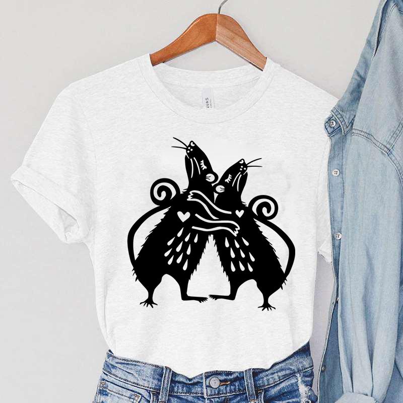 Ratte Damenbekleidung Cartoon Tier Lässige Damen T-Shirts Ratten Umarmen Print Mode T-Shirts Sommer Vintage Ratte Damen T-Shirts