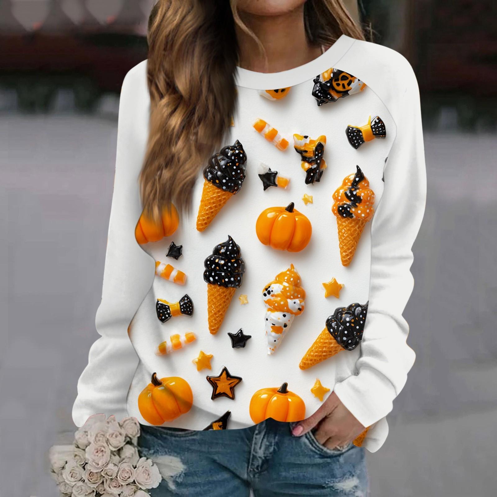 

Женская мода повседневная длинная рукава Хэллоуин принтованный круглый вырез свитер Топ L