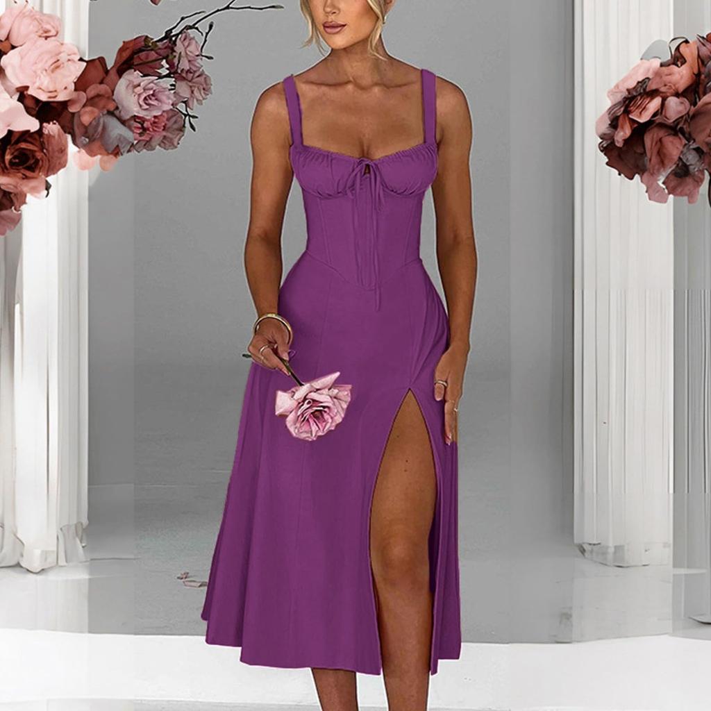 Sukienka damska w jednolitym kolorze, wiązana, dopasowana, z rozcięciem na ramiączkach