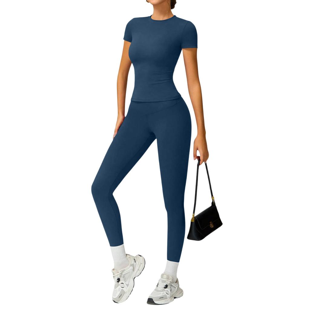 Women's Casual  Color Yoga Suit Short-Sleeve Pants Set
