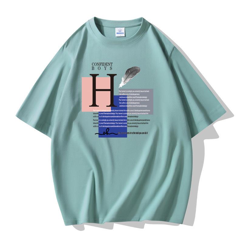 H Men's Short Sleeves Cotton T-shirt Large Size Loose Tee