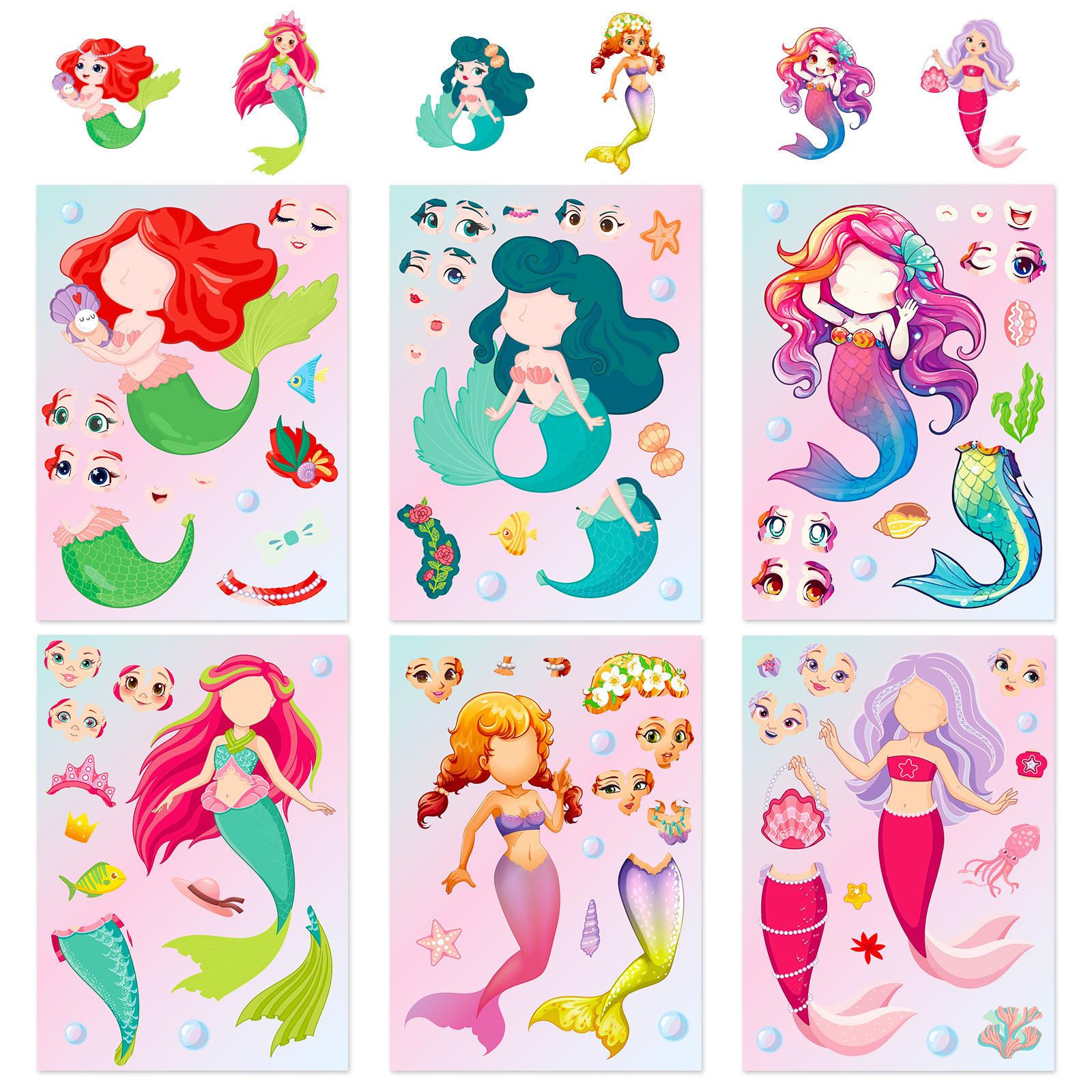 

6 Photos/Bake Mermaid Face Change Sticker Mermaid Princess Cartoon Parent-Child Interactive Puzzle Handbook DIY Puzzle Sticker