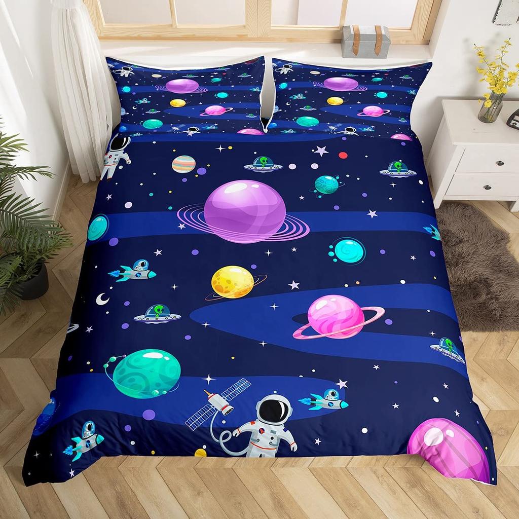 Cartoon Astronaut Duvet Cover Set Moon Clouds Starry Sky Quilt Cover Microfiber Galaxy Bedding Set Twin King For Boys Girls Gift