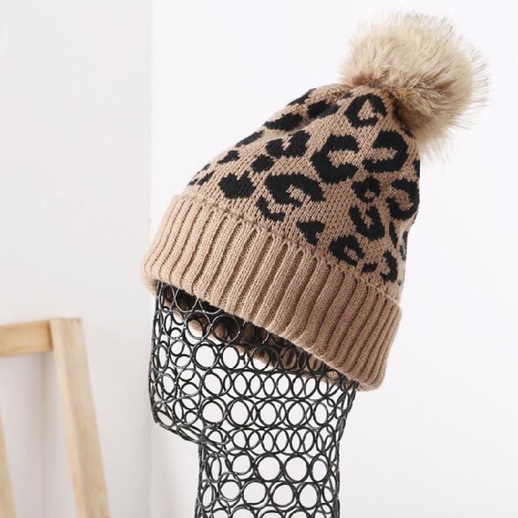 Leopard-print Knitted Wool Cap for W/Pompon Women Beanie Outdoor Casual Winter H