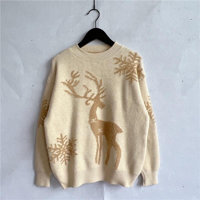 Autumn and Winter Round Neck Long Sleeved Christmas Sweater New Year Snowflake Deer Jacquard Knitted Pullover 3572