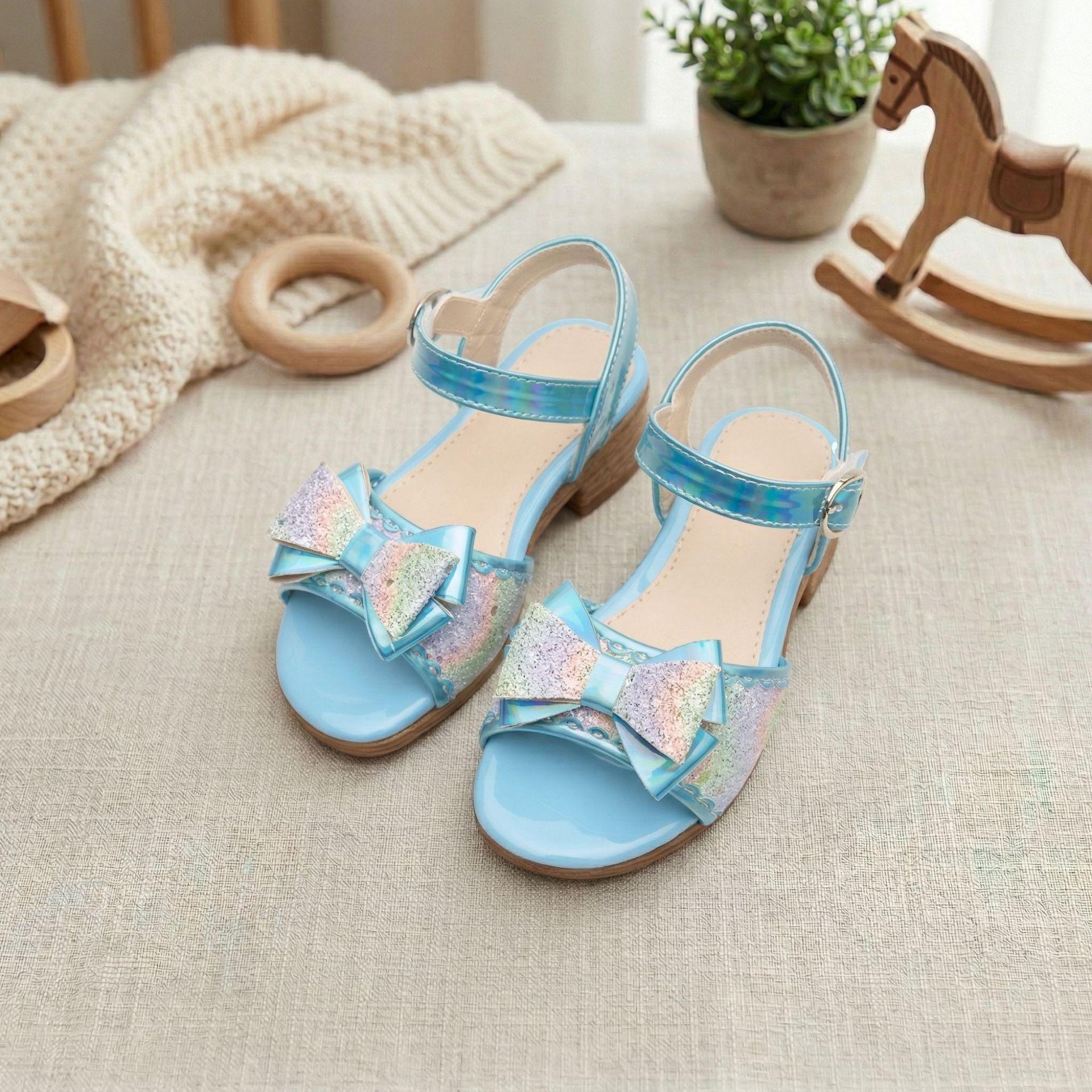 Girls  Rhinestone Bow Soft Sole Buckle Sandals - Non-slip Beach Shoes for Baby Princess 27 синий