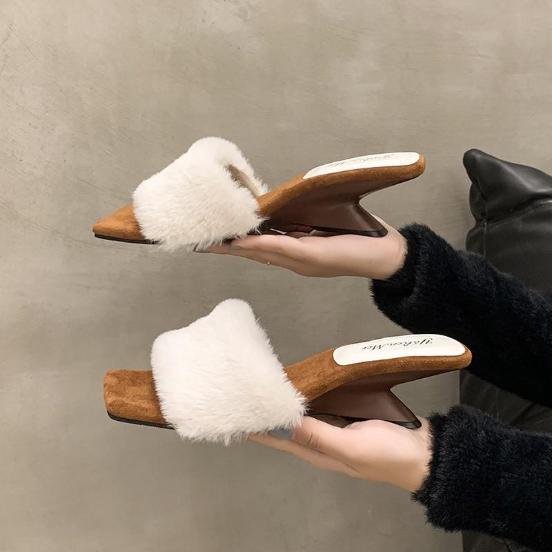 Plush Special Heel Slippers Autumn New Square Toe Open Toe One-Slip Wear-Resistant Kitten Heels 35