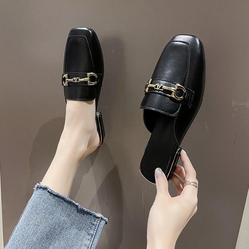 High heels women's new spring and autumn 2024 square head thick heel shallow mouth bag head low heel one pedal outer wear versatile slippers