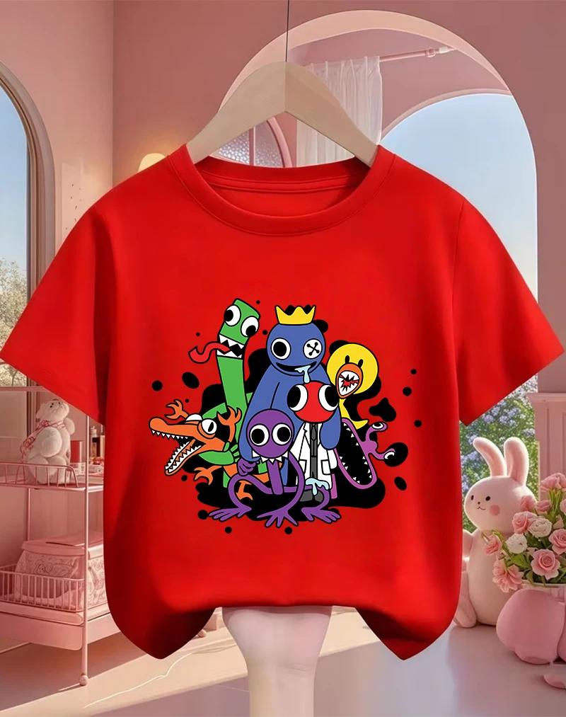 Rainbow friend cartoon pattern boy and girl summer cute round neck fashionable casual short sleeved top